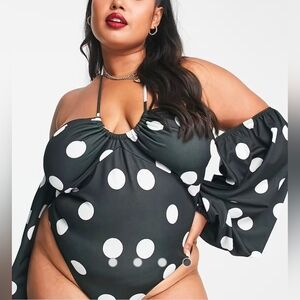 Asos Design Women's Halter Neck Bodysuit Balloon Sleeves Polka Dot Size 16